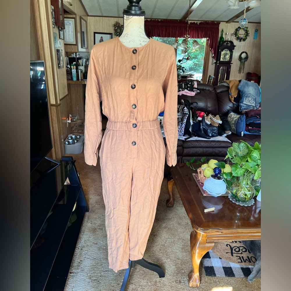 ASOS Design textured button front jumper in camel jumpsuit.